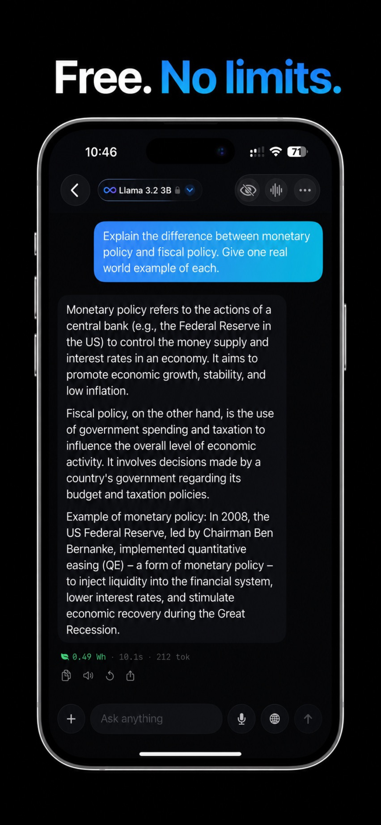 Loci running Llama 3.2 3B on iPhone — free with no usage limits