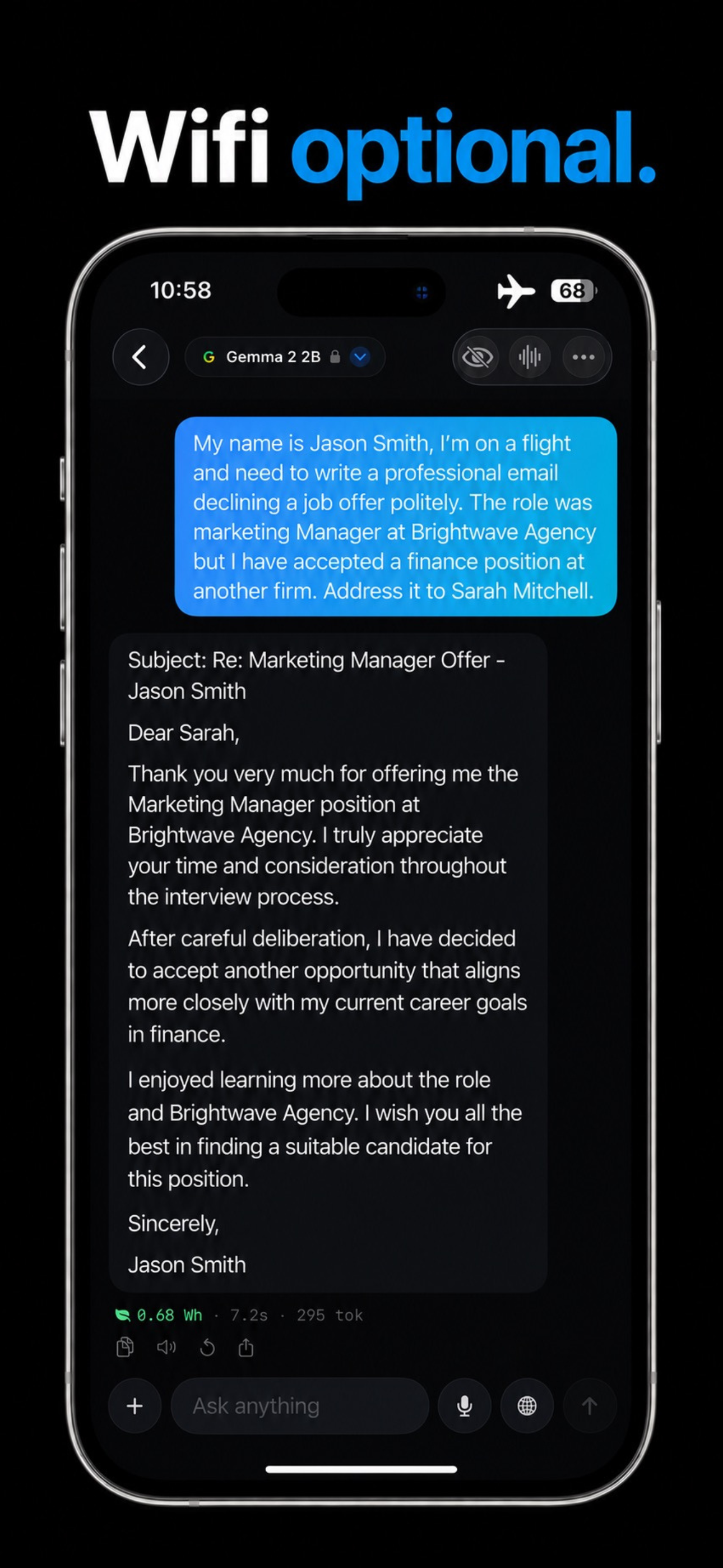 Loci drafting an email in airplane mode with Gemma 2 2B — no wifi needed