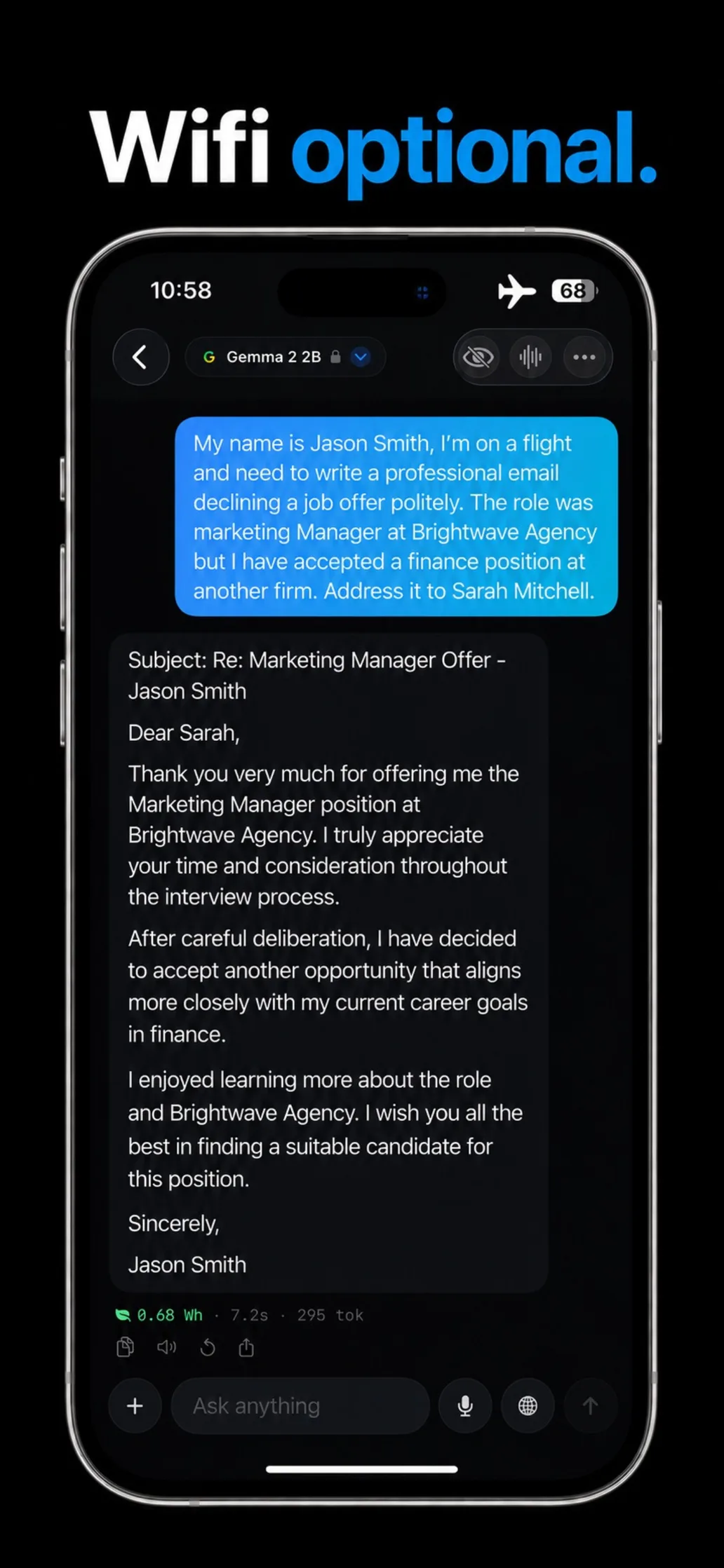 Loci answering an email-writing request on an iPhone in airplane mode